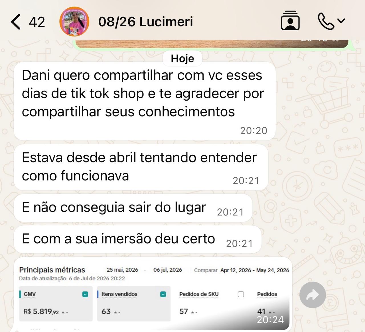 Depoimento em destaque da aluna Lucimeri no WhatsApp